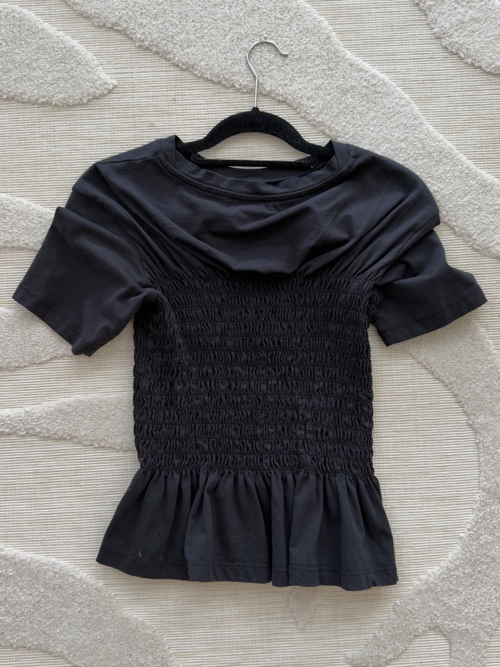Black Smocked T-Shirt, featuring a fitted smocked bodice and a playful hem - Picture 3 of 5